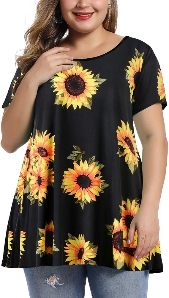 MONNURO Womens Plus Size Short Sleeve Swing Tunic Tops Casual Loose Fit Flare Basic T-Shirts