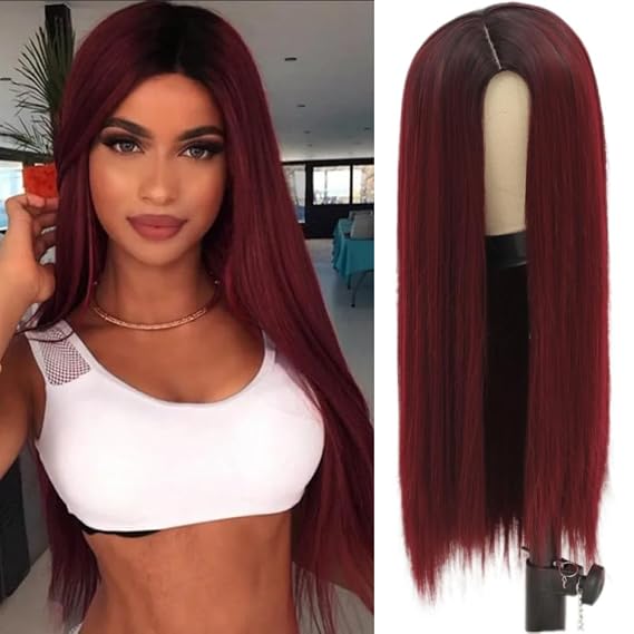 Red Long Straight Wigs for Women Dark Roots Burgundy Hair Wig Cosplay Halloween Daily Synthetic Fibre Wig