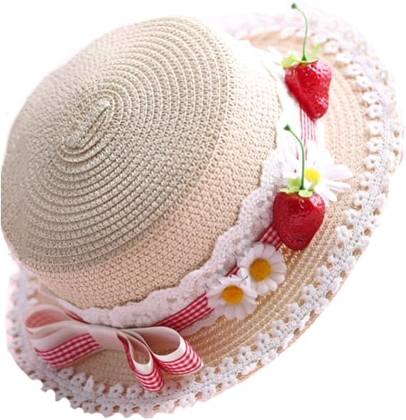 Lolita Strawberry Straw Hat for Women Teens Summer Outdoor Fashionable Wide Brim Beach Sun Hats UV Protection