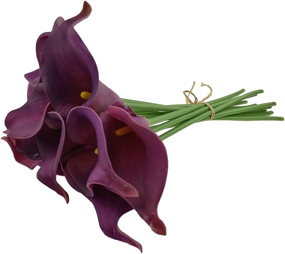 Winterworm Faux Latex Flower Real Touch Artificial Calla Lily Flower Bouquet Wedding Party Home Garden Restaurant Decoration - Bunch of 10 (Plum Purple)