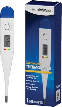 Healthwise Digital Thermometer | 30-Second Readout | Feverline Indicator | Clinical Rigid Tip | Hygienic Water-Resistant Easy Cleaning | Storage Case + Probe Covers Included