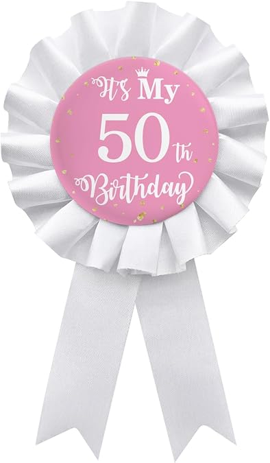 It's My 50th Birthday Badge Button Pin, Happy 50th Birthday Girls White Corsage Award Ribbon Party Decorations Supplies - Pink Pattern