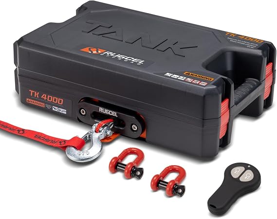 RUGCEL WINCH Portable Winch 12V DC Electric Utility winch,4000lb/2041kg Single Line Pull with Steel Mounting Plate, Integrated Hawse Fairlead and Synthetic Rope,atv utv winch