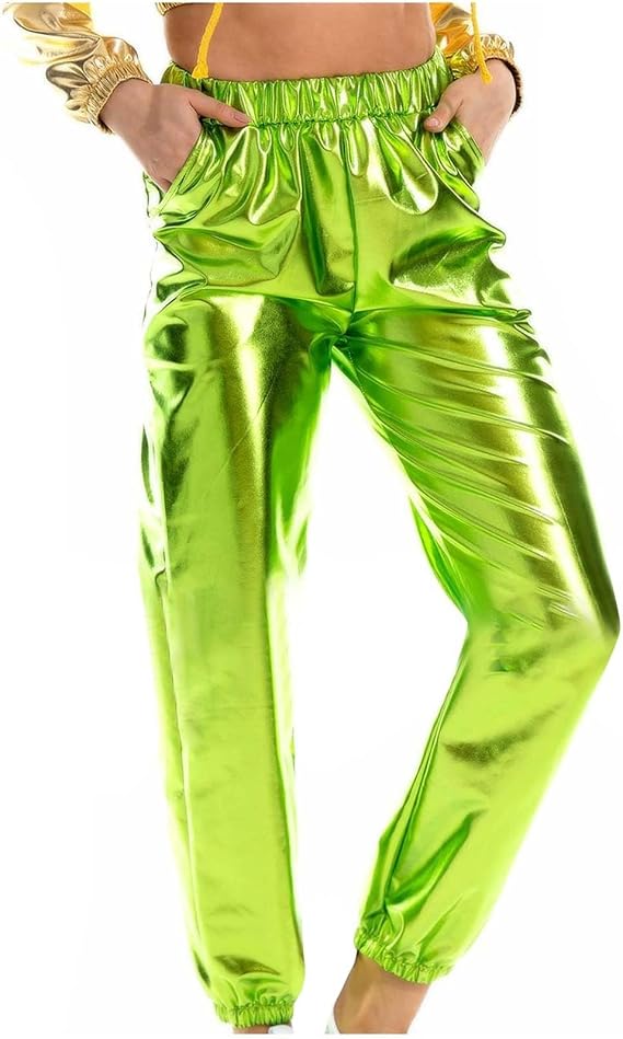 Metallic Jogger Pants Women Shiny Holographic Rave Pants High Waist Wet Look Elastic Waist Clubwear Pockets Night Out