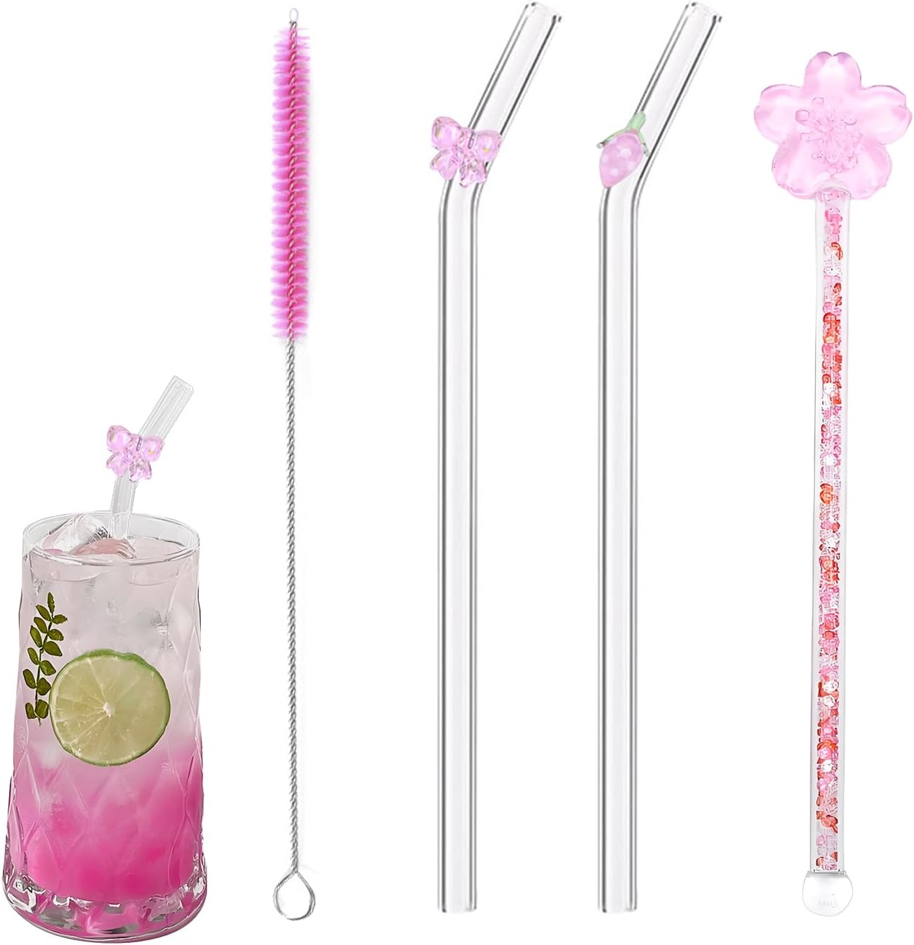 Glass Straws Set with Pink Charms, 7.9 inch, 2 Reusable Straws, Cherry Blossom Swizzle Stick and Cleaning Brush