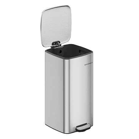 SONGMICS Kitchen Bin, 8-Gallon (30 L) Trash Bin, Stainless Steel Pedal Bin, with Inner Bucket, Soft Close and Stays Open, Metallic Silver LTB593E01
