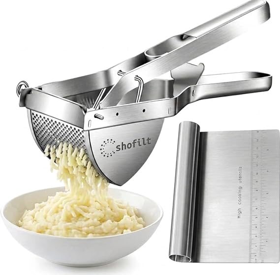 Stainless Steel Potato Ricer with Dough Scraper - Masher for Mashed Potatoes, Gnocchi & Fruit - Dishwasher Safe