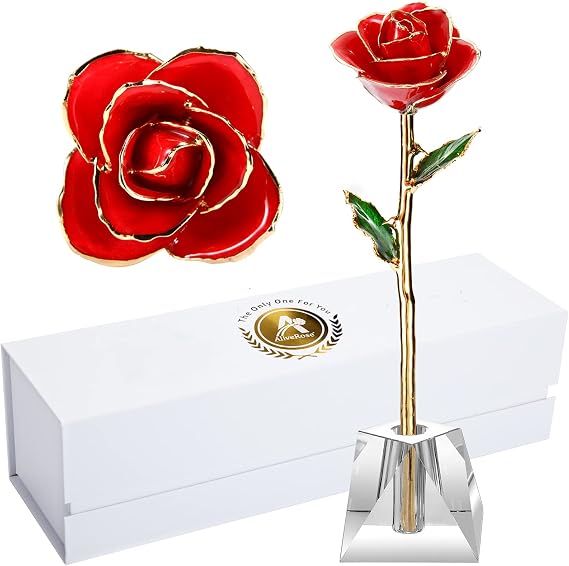AliveRose Valentines Day Gift Rose, Long Stem Rose Made from 24K Gold Dipped Real Rose Gift for her Rose(Red with Crystal Vase)