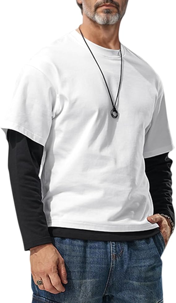 Muscle Alive Men's Fake 2-Piece Layered Solid Shirts Casual Pullover