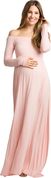 PinkBlush Petite Olive Solid Off Shoulder Maternity Maxi Dress