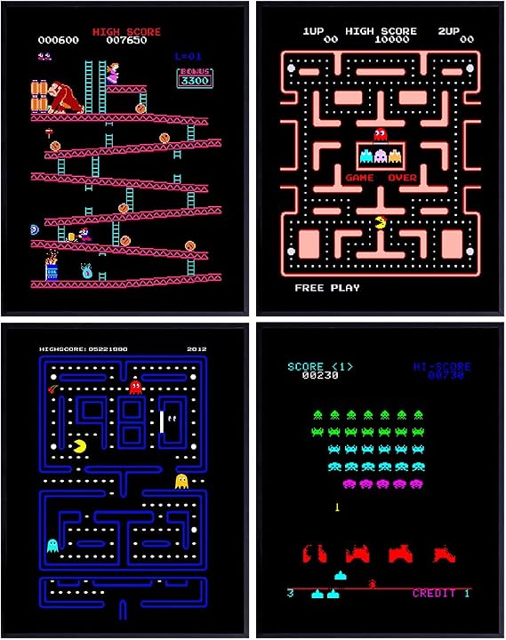 Classic Arcade Games Wall Art Prints - Arcade Decor - 8x10 Set for Man Cave, Den, Family Room, Bar, Bedroom - Gift for Gamers, Video Game, Pacman, Ms Pacman, Donkey Kong, Space Invaders Fans