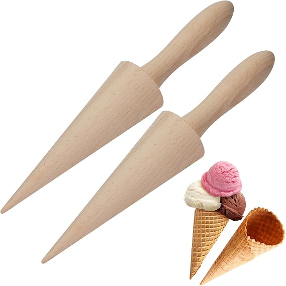 2Pcs Wood Cone Roller Pizzelle Roller Ice Cream Cone Roller Mold Natural Waffle Cone Roller Wooden Mini Waffle Cones Pastry Decorating Baking Pastry Tool Cone Mold Pizzelle Makers Pastry Roller (2)