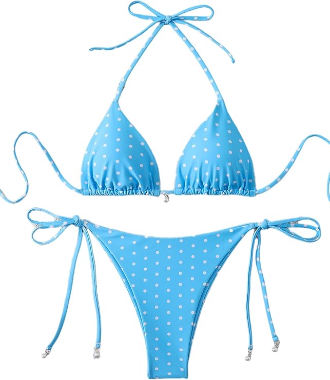 Tainehs Women's Polka Dot Triangle Bikini Set Halter Neck Tie Side Two Piece Swimsuits with Pearl Details Bathing Suit