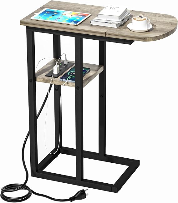 eiskah C Table End Table with Charging Station, Couch C Shaped Side Table for Living Room, Bedroom, Laptop Table with USB Ports and Type-C Port, Snack Tray Table for Couch