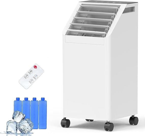 3-IN-1 Windowless Portable Air Conditioner, Evaporative Air Cooler with 90 Oscillation, 3 Speeds, Remote, 1 Gal Water Tank, 4 Ice Packs, Timer, Fast Cooling Fan for Indoor Bedroom Office