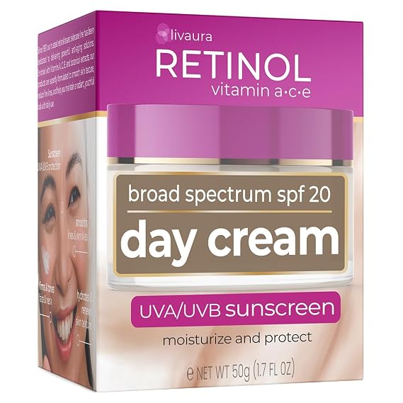 LIVAURA Retinol Day Cream SPF 20 - Anti Aging Face Moisturizer for Women | Daily face cream for mature and aging skin with Vitamin C and E - lightweight wrinkle care that wears under makeup