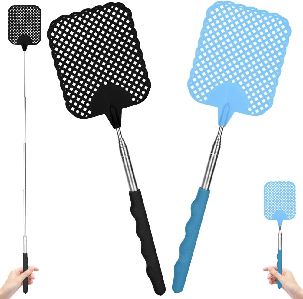Extendable Fly Swatter, 2 Pack Strong Manual Fly Swat Pest Telescopic Stainless Steel Handle Adjustable 26.5cm to 73cm Heavy Duty Flyswat for Indoor Outdoor Mosquitoes Flies Black & Blue