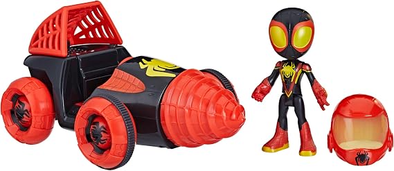 SPIDEY AND HIS AMAZING FRIENDS Marvel Web-Spinners Miles with Drill Spinner, Car Playset with Vehicle, 4-Inch Scale Action Figure and Accessory, Toy Cars for Kids 3 and Up