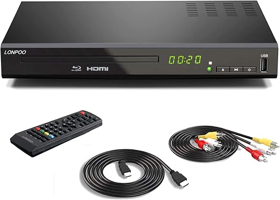 LONPOO DVD Blu-ray Player Full HD 1080p DVD Player CPRM Playback Capable HDMI/Coaxial/AV Output Fast Startup Supports PAL/NTSC USB/External HDD Compatible Blu-ray Region A/1 AV/HDMI Cable Included