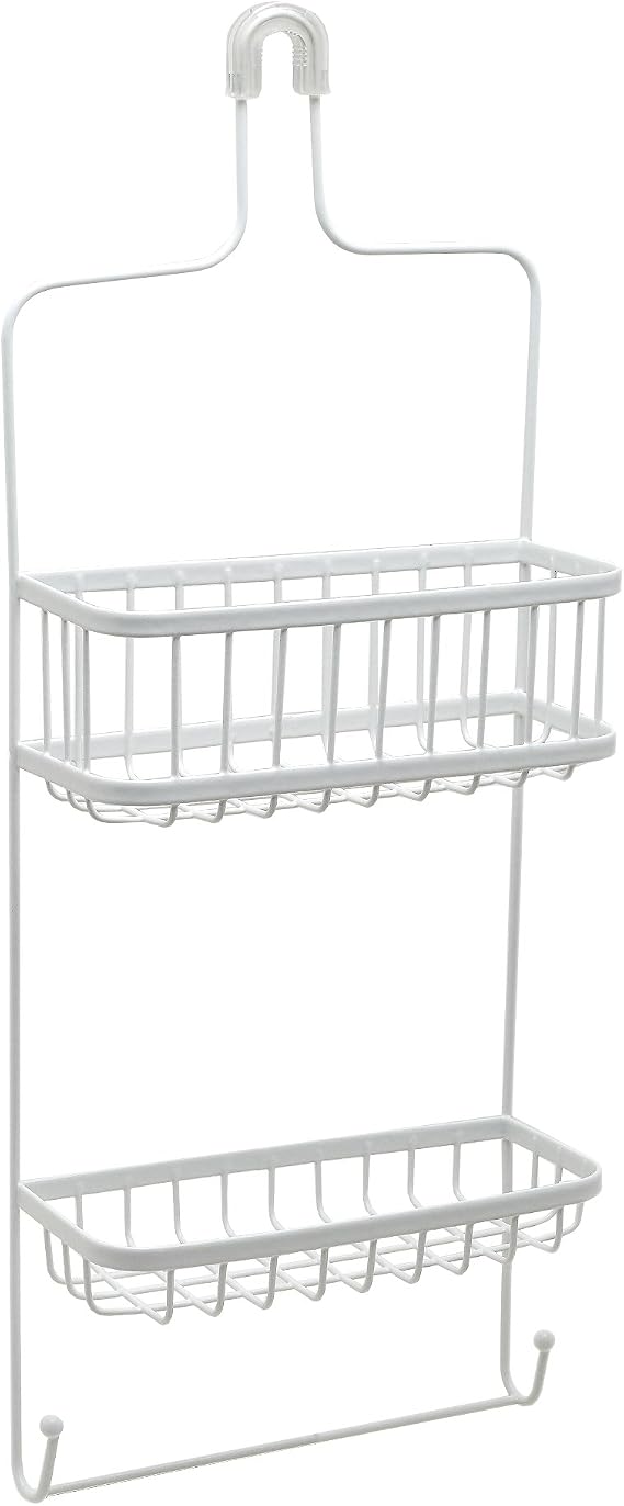 Zenna Home Hanging Shower Caddy, Rustproof White Steel Organizer with 2 Wire Baskets, Built-in Washcloth Bar, and Razor/Sponge Hooks No Drilling Over Shower Head Shower Rack