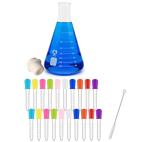 Glass Flask Erlenmeyer Flask Set 2000ml and 20 Pack Pipettes Dropper Liquid droppers 5ml Clear Eye Dropper Silicone