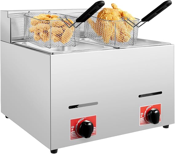 Commercial Gas Deep Fryer with Basket Countertop Stainless Steel Dual Tank Frying Maker Large Capacity Propane Cooking Fryer (2x6L)
