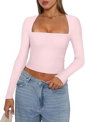 Womens Sexy Square Neck Crop Top Basic Long Sleeve Slim Fit Cropped T Shirts Going Out Tops Fall Tight Tee Blouses Pink, S, Small