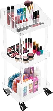 Acrylic Makeup Organizer Storage Cart, 3-Tier Rolling Cosmetic Organizer with Lockable Wheels, Clear Mobile Beauty Storage Trolley with Adjustable Compartments for Vanity, Bathroom, Bedroom