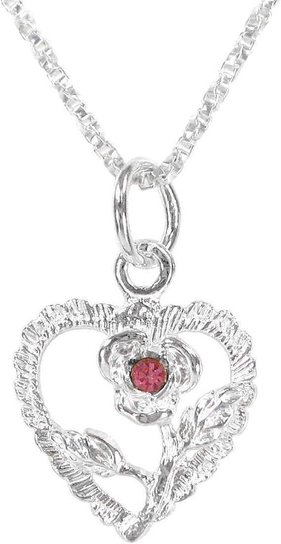 Sterling Silver Heart & Rose Necklace, October Pink