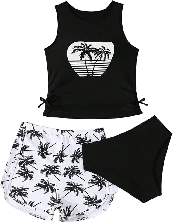Girls Swimming Costume 3 Pcs Kids Bikini Set for Tween Tankini Top + Bottoms + Swim Shorts Palm Printed 9-13Y