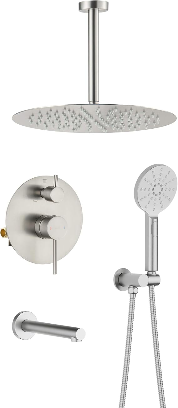 KIBI Circular Bathroom Shower System | 3-Function Ceiling Mounted Shower Faucet Set for Bathroom with Solid Brass Pressure Balanced Construction (Brushed Nickel) (KSF409)
