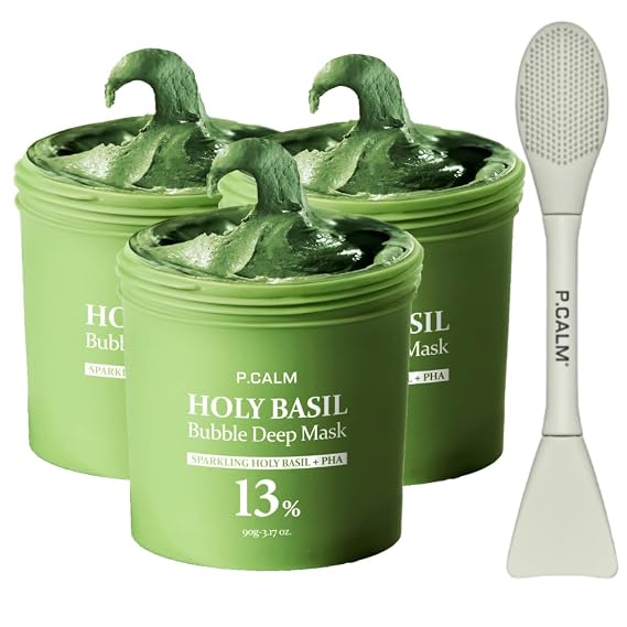 P.CALM Viral Holy Basil Bubble Mask 3EA + Dual Pore Brush Set Deep Cleansing for Pores & Blackheads with Holy Basil & Carbonated Water