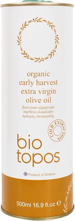 Βiotopos Organic Greek Olive Oil Extra Virgin, Early Harvest, High Polyphenols, Green Koroneiki, Drinking EVOO, Single Estate 500ml Tin