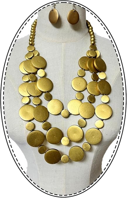 Handmade Wooden Disc Necklace and Earring Set Multi-Layer Layered Bohemian Jewelry Set for Women