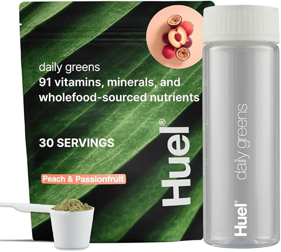 Huel Daily Greens Bundle | Peach Passionfruit Daily Greens Bag + Bottle | 30 Servings | Superfood Greens Powder | 91 Vitamins, Minerals, and Wholefood-Sourced Ingredient