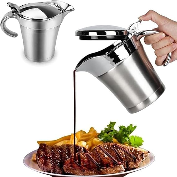 750ml Stainless Steel Gravy Boat with Lid, Silver | Double Insulated Sauce Jug with Hinged Lid,Elegant Sauce Boat Small Gravy Server for Holiday Dinners, Turkey, and Steak