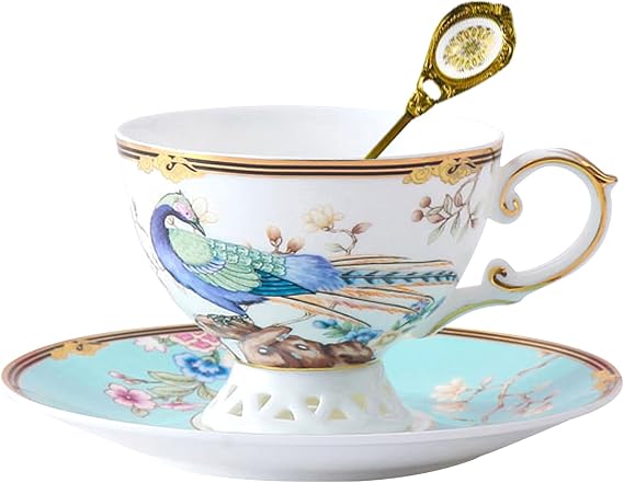 ACMLIFE Bone China Tea Cup and Saucer Set - Bone China Tea Coffee Cup and Saucer Set Luxury Fine China Tea Cup Set for One Blue Vintage Teacups and Saucers for Women Tea Party or Gift Giving
