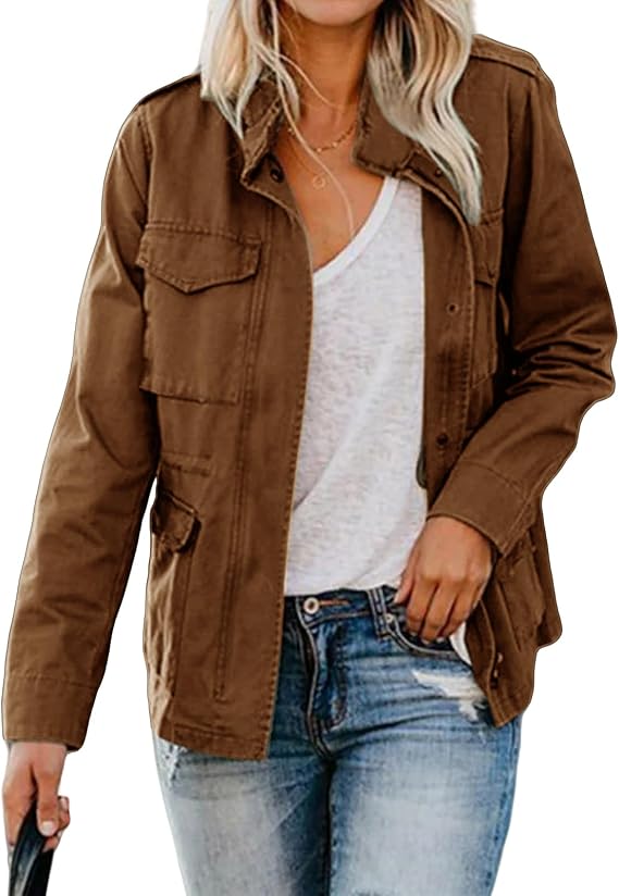 Kubbon Women Military Anorak Jackets Lightweight Zip Up Utility Cargo Coats