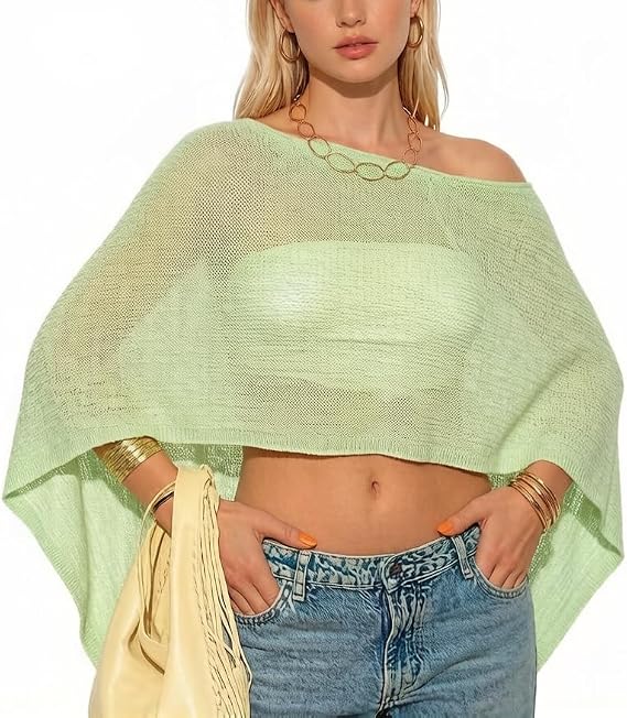 Women Sheer Poncho Top Lightweight Knit Crochet Shrug Bolero Mesh Batwing Sleeve Sweater Cover Up Beachwear