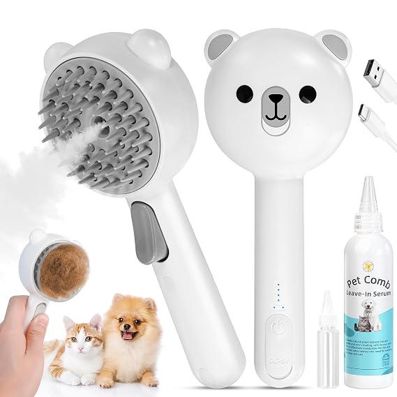 Self Cleaning Pet Steam Brush for Indoor Cats & Dogs Shedding & Grooming | Rechargeable & Skin-Friendly Pet Spray Hair Removal Comb with Release Button, Include Waterless Shampoo & Refill Bottle