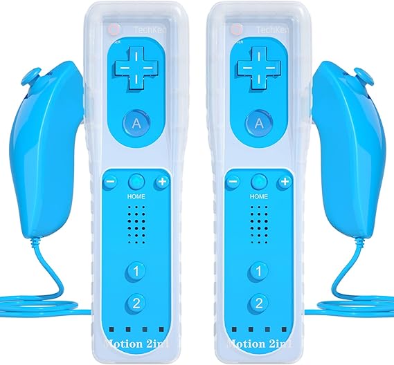 TechKen 2 Sets Remote Controller for Wii, Replacement Remote Built-in Motion Plus Controller and Nunchuck (2 Blue)