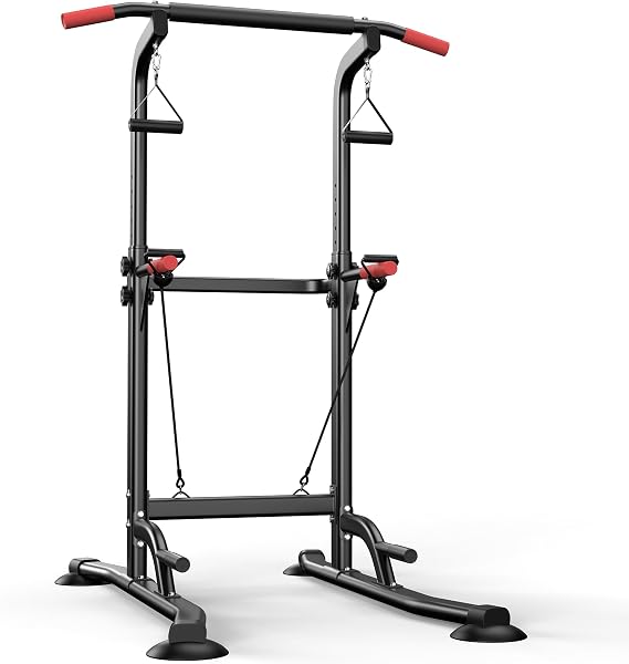 Power Tower Pull Up Bar Free standing with Resistance Bands, 350LBS Heavy Duty Alloy Steel Dip Station for Home Gym Strength Training, Adjustable Height Workout Equipment