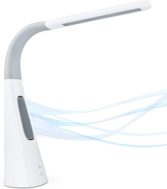 Turcom LED Desk Lamp with Fan, Bladeless Quiet 500 Lux Dimmable Desk Fan with Adjustable Gooseneck, Touch Control, 3 Speeds and 5 Brightness Levels, Daylight Reading Table Lamp for Office Home, White