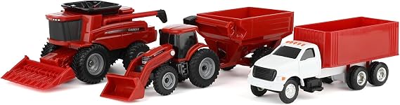 TOMY Case IH 4-Piece Farm Toy Set - 1:64 Scale - Includes John Deere Tractor Toy with Loader, Combine, Grain Cart and Grain Truck - Kids Farm Toys and Construction Vehicles - Ages 3 Years and Up