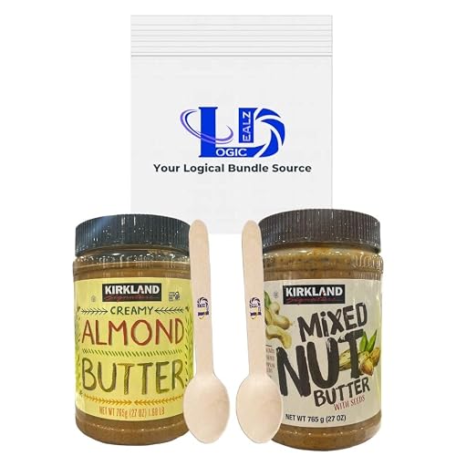 Kirkland Signature Mixed Nut Butter 27 OZ & Kirkland Signature Creamy Almond Butter 27 OZ with Logic Dealz Zip Loc Baggie and 2 Wooden Stirring Spoons
