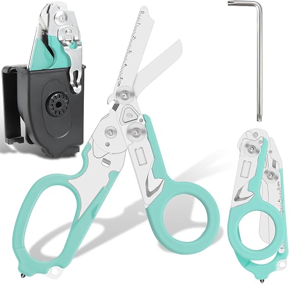 Trauma Shears, 6 In 1 Emergency Shears, Stainless Steel Foldable Trauma Scissors with Compatible Holster, Outdoor Camping Rescue Tools, Ideal for EMTs, Nurses, and First Responders (Turquoise)