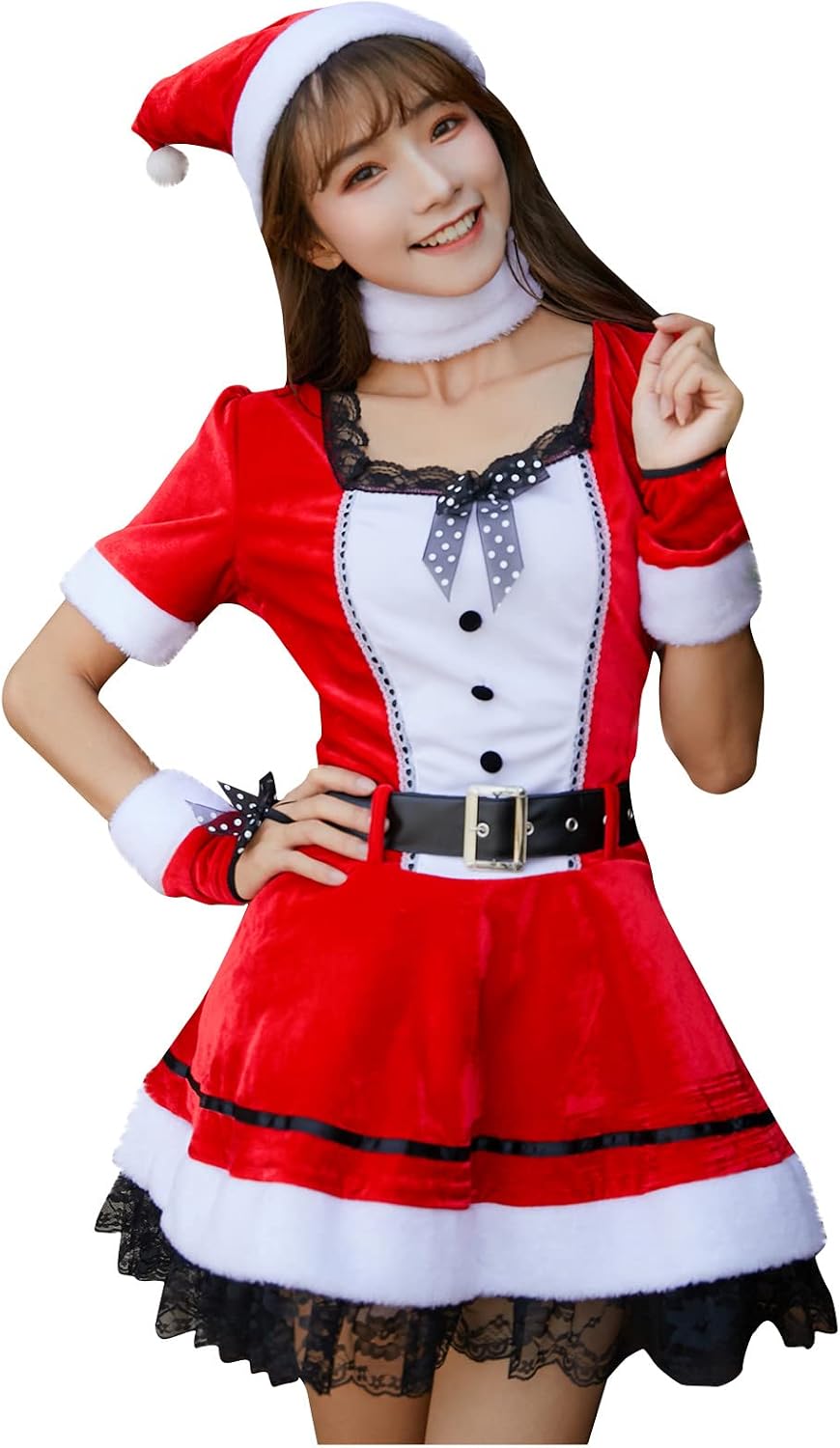 tuduoms Cute Maid Outfit Mrs. Claus Santa Costume Velvet Christmas Santa Fairy Dress Cosplay Deluxe Set for Women Teen Girls