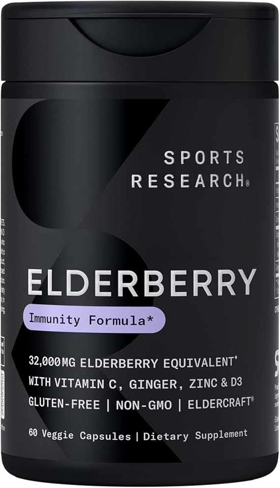 Sports Research Elderberry Immune Support with Zinc, Ginger, Vitamin C & D3 - Vegan Friendly Non-GMO Gluten Free - 60 Veggie Capsules