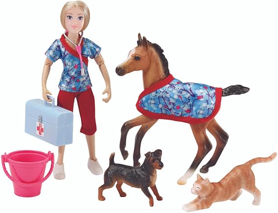 Breyer Freedom Series (Classics) Day at The Vet Doll & Animals Set | 8 Piece Playset with 6" Fully Articulated Rider Doll | 1:12 Scale