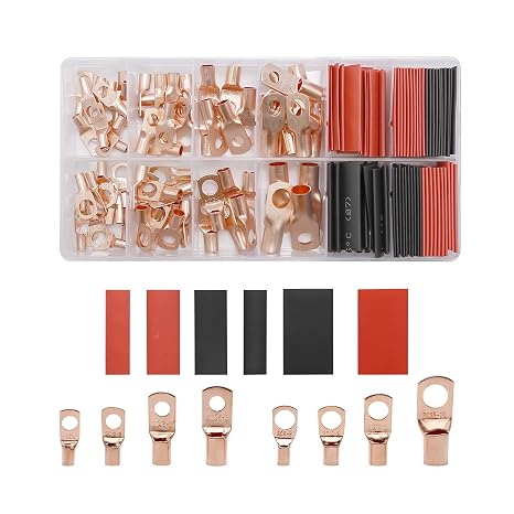 150Pcs Copper Wire Lugs AWG 2 4 6 8 10 12 with Heat Shrink Set, 70Pcs Battery Cable Closed End Tubular Ring Terminals Connectors + 80Pcs Heat Shrink Tubing Kit